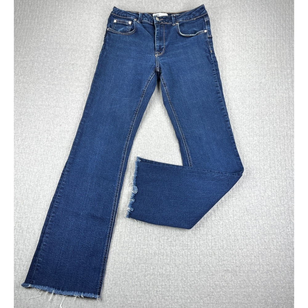 Zara Bootcut Flare Jeans Women 10/28X31 Blue Dark Wash Raw Hem High Rise Denim